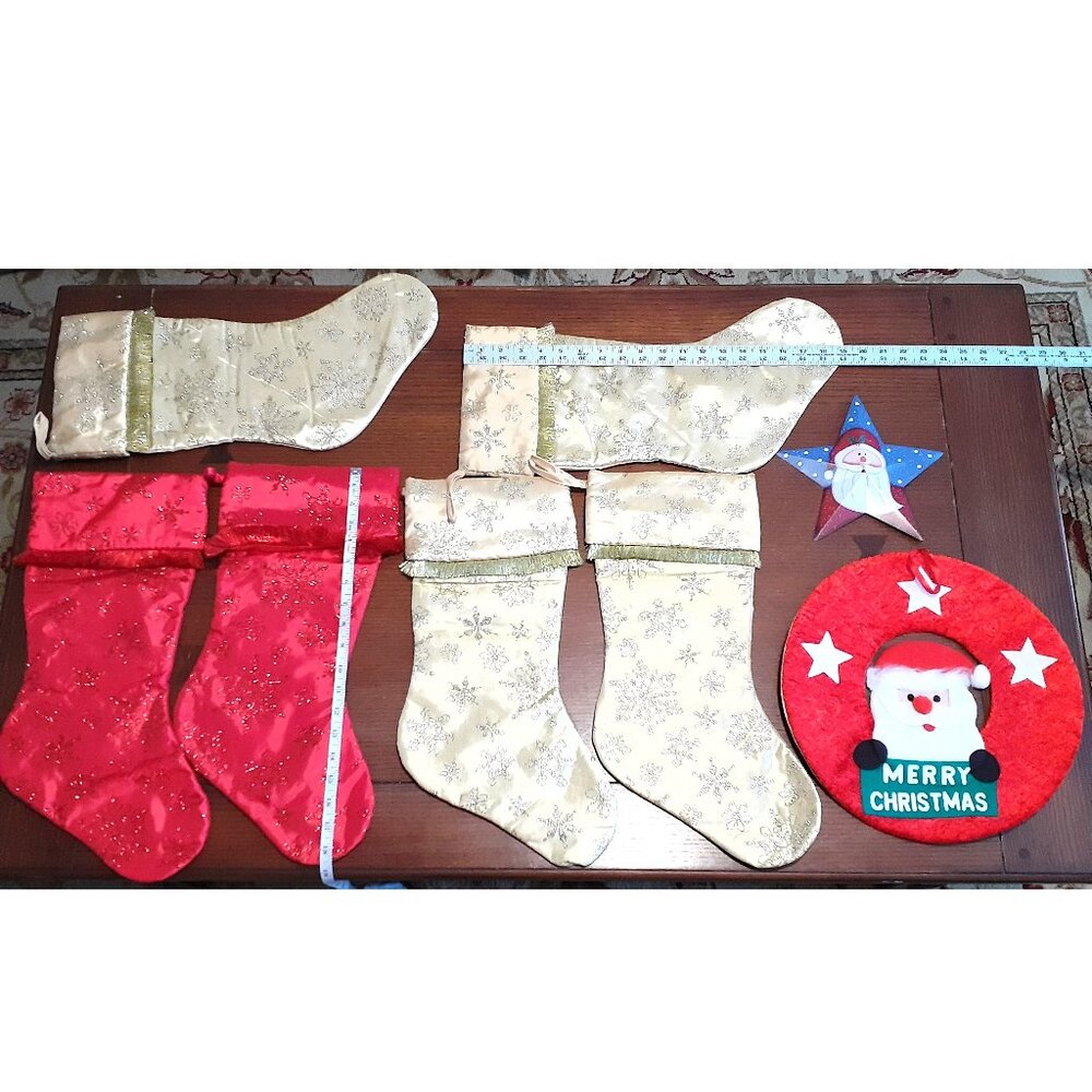 6 Large Christmas Stockings - 8” Xmas star & 13 ⅛” Santa Xmas Wreath